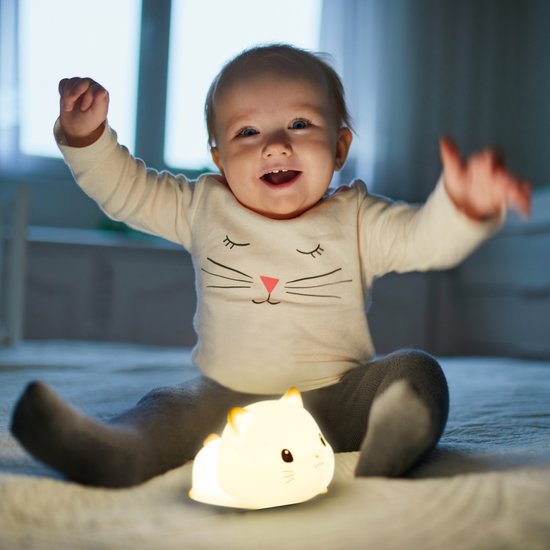 Vulpes Goods® Kinder-Nachtlicht - LED-Licht & 8 Farben - Babyzimmer-Nachtlicht - Katze - USB wiederaufladbar - Dimmer - Timer - Kabellos