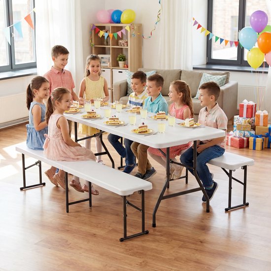 LifeGoods Faltbares Picknick-Set - 180cm x 74cm - Gartentisch mit 2 Bänken - Wetterfest - Campingtisch - Biertisch faltbar - Für Innen und Außen - Für 6 bis 8 Personen - Weiß