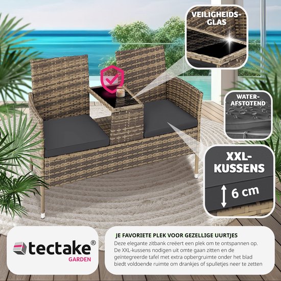 tectake - Geflecht-Gartenbank mit Tisch, 2-Sitzer-Bank, 131 x 61 x 82 cm, Gartenbank für Balkon und Terrasse, Gartenbank inklusive Sitzkissen - natur/dunkelgrau - Poly-Rattan