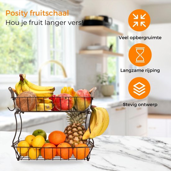 Posity Fruit Bowl 2 Layer - Obstkorb - Obst Etagere - Gemüsekorb - Drahtkorb - Mit Bananenhalter - Holz & Metall - Schwarz