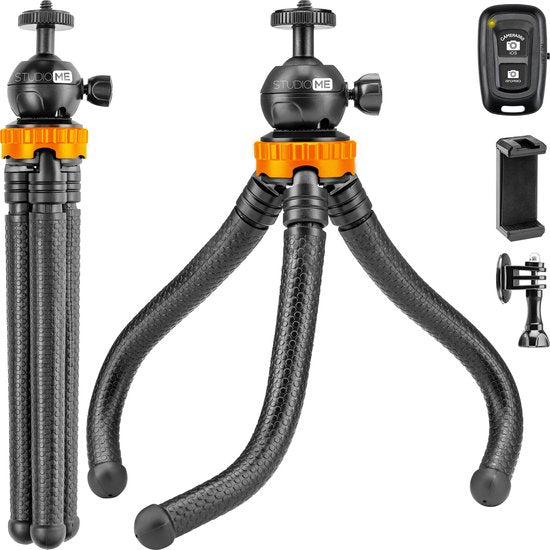 Studio ME Telefonstativ - 25 cm - Stativ Smartphone - Flexibel - Kamerastativ - Gorillapod - Inkl. Bluetooth-Fernbedienung - Schwarz