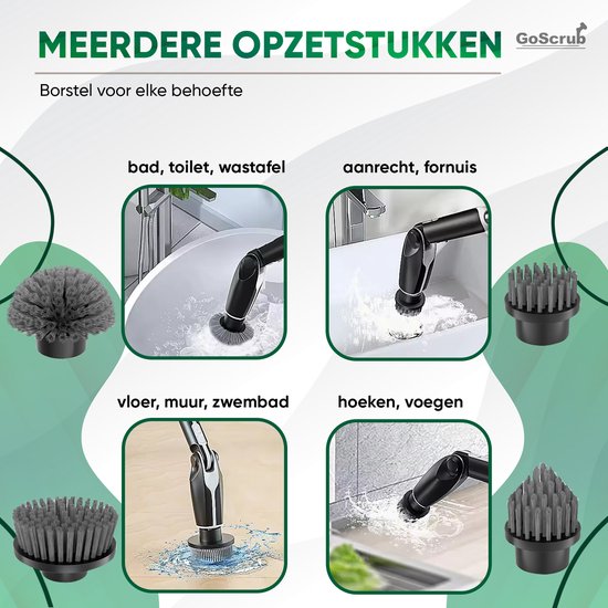 GoScrub® Elektrische Reinigungsbürste - Cleaning Hero V1 - Schwarz - Schrubber mit Griff - Polierer - Scheuerbürste - Für Bad und Küche - 8 Aufsätze