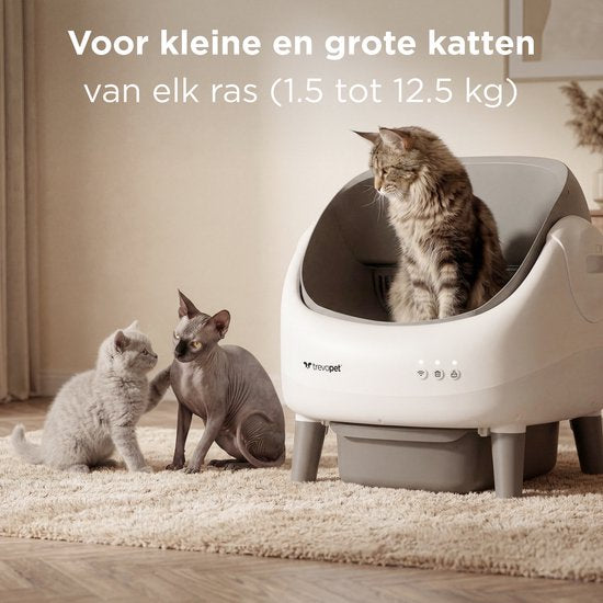 TrevoPet® Air - Automatische Katzentoilette mit App - Selbstreinigend & sicher - Für Katzen bis zu 12 kg - Inkl. Matte, 60 Abfallbeutel & Zubehör - 10-Liter-Abfallbehälter - Weiß & Grau
