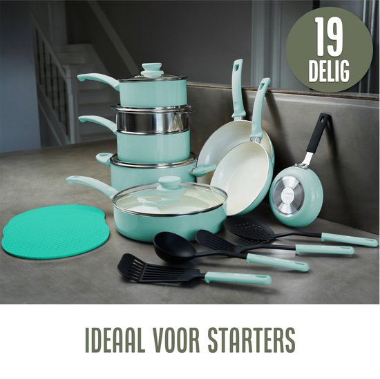 COOCK 19-teiliges Induktionskochgeschirr-Set - Spezielle Antihaftbeschichtung - Ergonomische Kaltgriffe - Recyceltes Aluminium - Bratpfannen-Set - Kochtopf-Set - Türkis (Grün) - Inklusive Untersetzer und E-Book