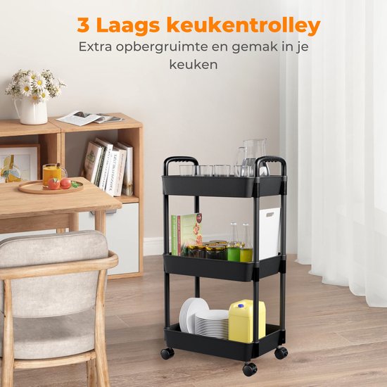 Posity Küchenwagen auf Rollen – Servierwagen / Aufbewahrungswagen / Küchenregal / Küchenwagen – fahrbar und feststehend – 3 Ebenen – Kunststoff – Schwarz