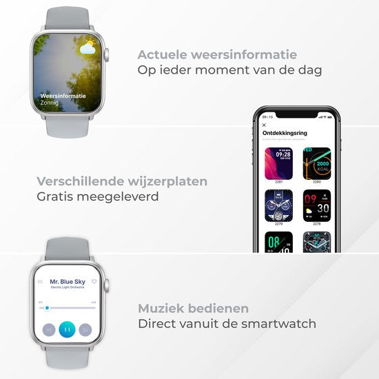Nuvance - Smartwatch für Männer und Frauen mit Bluetooth - 45mm - Geeignet für alle Smartphones - Schrittzähler und Pulsmesser - Wasserdicht - Grau