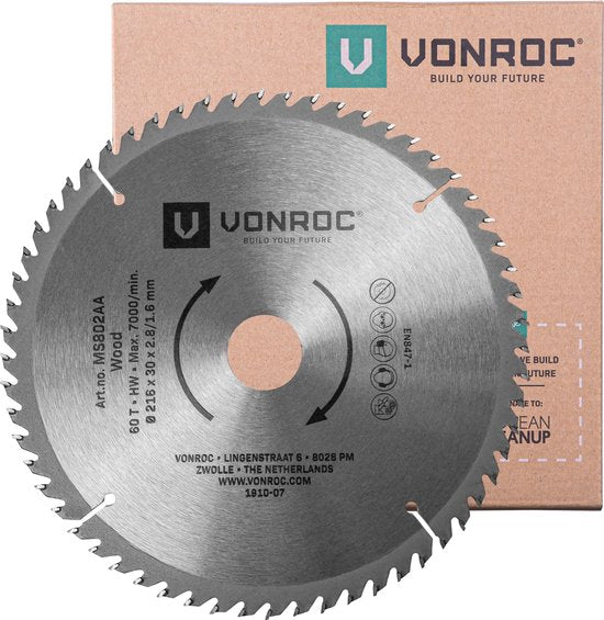 VONROC Sägeblatt - Ø216MM - 60 Zähne - für Holz - geeignet für Kapp- und Tischsägen