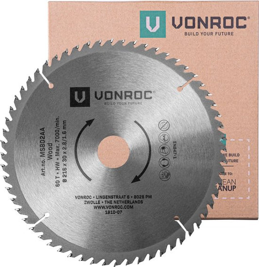 VONROC Sägeblatt - Ø216MM - 60 Zähne - für Holz - geeignet für Kapp- und Tischsägen