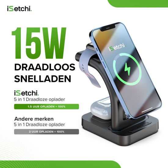 iSetchi MagSafe 5-in-1 Wireless Charger (15W USB-C Schnellladegerät) - Mit LED-Lampe, Digitaluhr & Weckfunktion - Geeignet für iPhone, Apple iWatch & Airpods - Wireless Qi Station - GSM Ladegerät