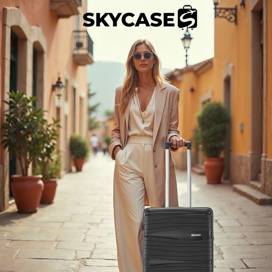 SKYCASES Travelin' Charm - 24-inch Medium Reisekoffer - Zahlenschloss - 41x24x69 cm - 68L - Leicht, Wasserdicht & Langlebig - Schwarz V2