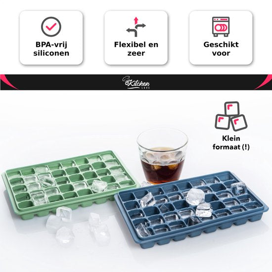 KitchenLove Silikon Eiswürfelform mit Deckel (2 Stück) - 80 Eiswürfel - Quadratisch - BPA frei - 100% Silikon - Grün & Blau