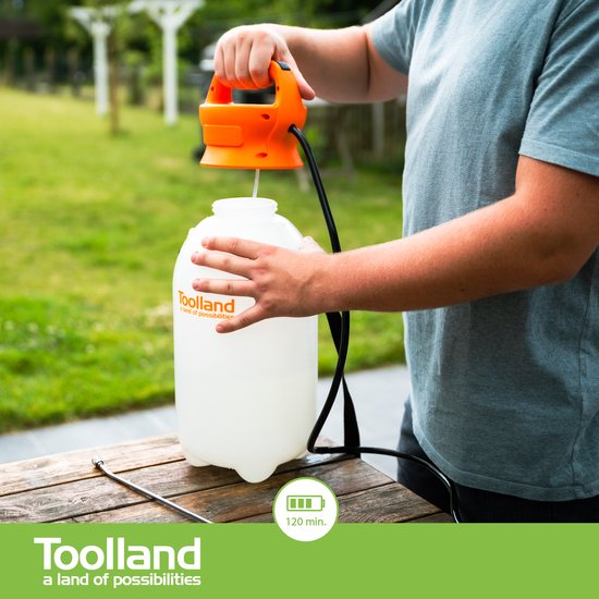 Toolland Drucksprüher, elektrisch, Akku, Teleskoplanze, verstellbarer Sprühkopf, Schultergurt, 8 Liter, weiß/orange/schwarz