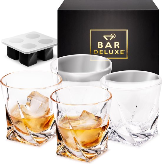 BarDeluxe® Whiskey Set - 4 handgefertigte Kristallgläser 325 ml - Luxuriöses Geschenkset mit Eiswürfelform & Aufbewahrungsbox - Ideal als Whisky Geschenk
