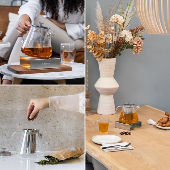 Deleca Glas-Teekannen-Set Klarheit - Mit Edelstahlfilter und Teelichtwärmer - Für losen Tee / Teeblumen - Weihnachtsgeschenk - Borosilikatglas / 1,5L