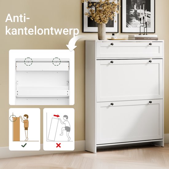 SoBuy - Schuhschrank mit 1 Schublade - 80 x 19 x 107 cm & mit 2 Kipptüren - ausgestattet mit Anti-Kipp-System und Silikonfüßen - für schmale Flure und Eingänge - weißes Mdf