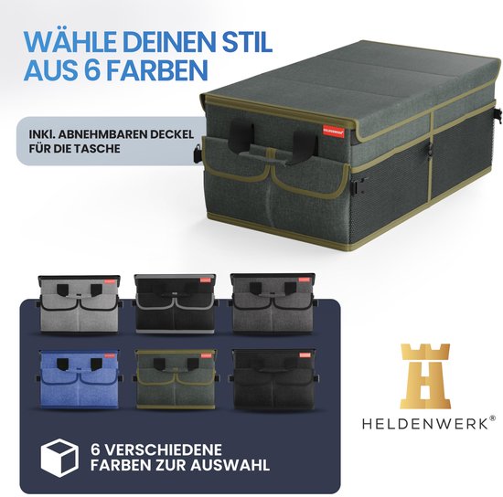 HELDENWERK Premium-Kofferraum-Organizer mit Deckel, stabil & rutschfest - Faltbare Kofferraumtasche, groß mit doppeltem Boden - Kofferraumbox, Kofferraum-Organizer-Box