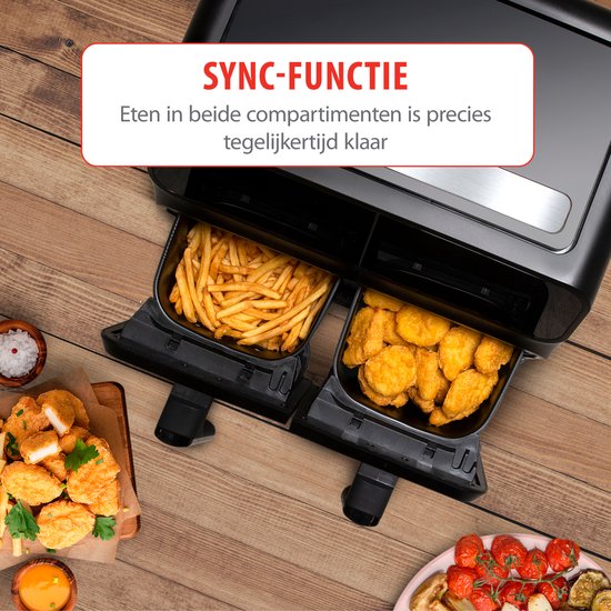 alpina Double Airfryer XL 8L - Heißluftfritteuse für 4 bis 8 Personen - Fassungsvermögen 2x4L - Digitalanzeige - Fritteuse 1700 W - Sync Finish Funktion - Schwarz