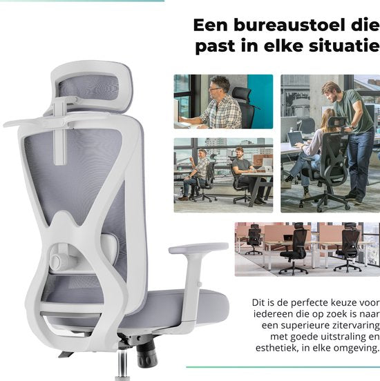 Backerz Ergonomischer Bürostuhl - Verstellbar - 3D Armlehnen - Kopfstütze - Weiß/Grau