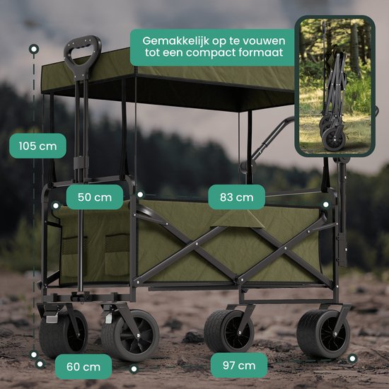 Avalo Bolderkar mit Dach XL faltbar - bis zu 110KG Tragfähigkeit - 120L - 97x60x105 CM - 360º Räder - Bolderwagen / Bolderwagen / Strandwagen / Trekkingwagen / faltbarer Bolderkar - Für Strand - Grün