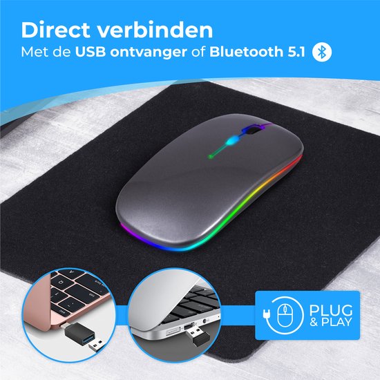 Nuvance - Kabellose Maus LED - Bluetooth - Ergonomisch - Laptop und Gaming - Kabellos - Grau