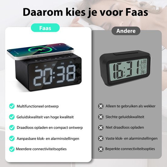 Digitaler Wecker - mit Radio, Bluetooth und kabellosem Ladegerät - Radiowecker - Snooze-Funktion - Schwarz - von Faas