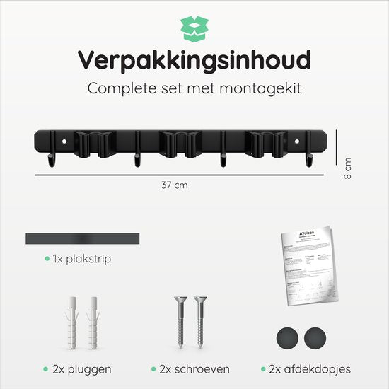 Volcan Besenhalter - Besen Aufhängesystem Gartengeräte - Werkzeughalter - 3M Band - 3 Halter 4 Haken - Edelstahl Schwarz