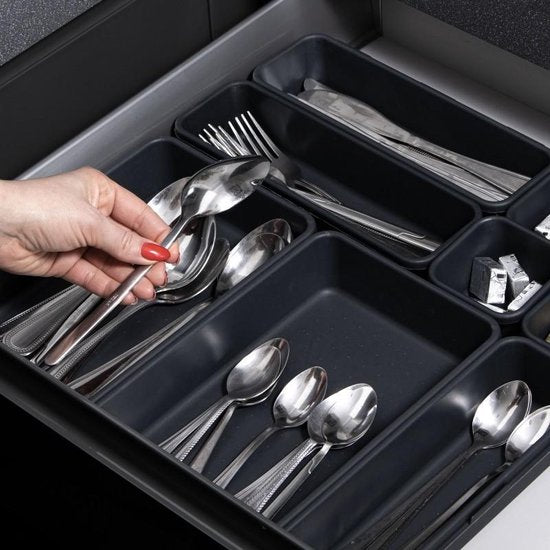 Springos Schubladenorganisator | Aufbewahrungsfächer | Schubladenteiler | für Küche und Schreibtisch | Bad | Schubladenfächer | Make Up Organizer | 8 Stück | Anthrazit