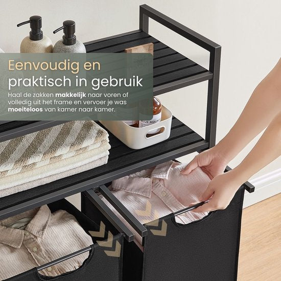 O'DADDY® Wäschekorb mit 2 Fächern & 2 Einlegeböden - 76 Liter - Ausziehbarer Wäschesortierer - Wäschekorb - Wäschebox - Doppelter Wäschekorb - Schwarz/Braun
