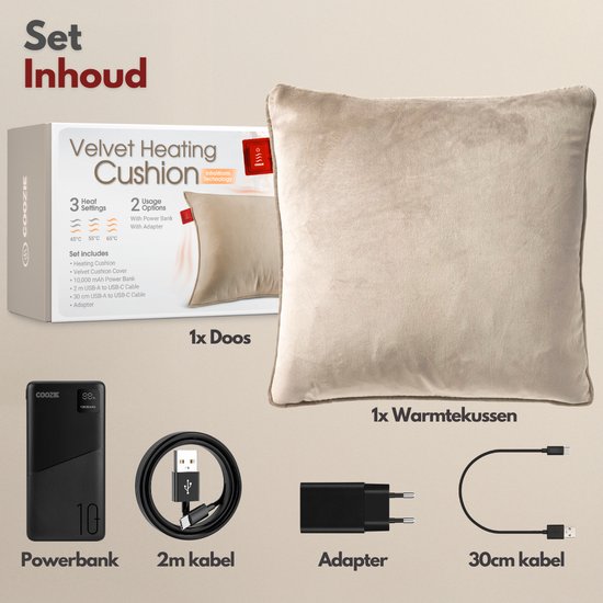Coozie Wiederaufladbares Wärmekissen - Kabellos & verkabelt - 45-65°C - Samt - 45 x 45 cm - Inkl. Powerbank - Bis zu 8 Stunden Wärme - Beige