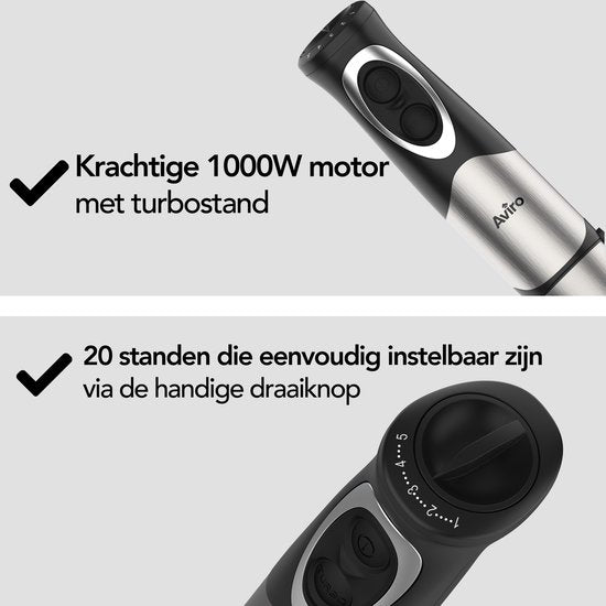 Aviro 6-in-1 Stabmixer-Set - 1000W - 20 Geschwindigkeiten - Zerkleinerer, Milchaufschäumer, Schneebesen & Messbecher - Edelstahl