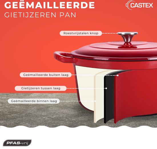 Castex Elegance Royal Gusseisen-Kasserolle mit Deckel 28 cm - Induktionspfanne - Gusseisen-Kasserollen - Rot