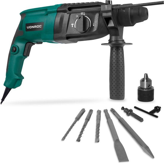 VONROC Bohrhammer 800W - 3 Joule - SDS plus - 4 Funktionen - inkl. Getriebekopf und Zubehör