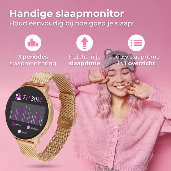 Nuvance Smartwatch Damen - Inkl. Edelstahl & Silikonband - Misst Sport & Schlaf & Körper - Pink Gold