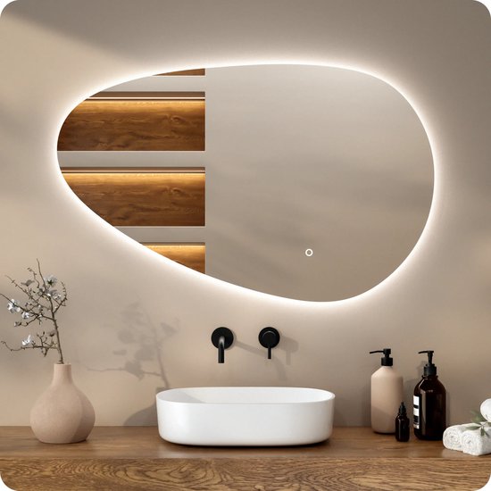 Mirlux Badezimmerspiegel mit LED-Beleuchtung & Heizung - Wandspiegel Asymmetrisch - Anti-Kondensations-Duschspiegel - 100x62.5CM