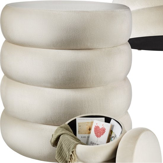 tectake - Hocker mit Ablage - Scandi Hocker Samtstoff - Runder gepolsterter Hocker für Frisiertisch, Schlafzimmer, Wohnzimmer oder als Flurmöbel - Ablagehocker - creme