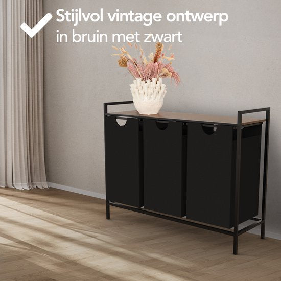 Brixy Wäschekorb 3 Fächer - Wäschesortierer - ausziehbar - Wäschebox aus Metall - 117L Kapazität - 90 x 33 x 70 cm - Schwarz/Braun