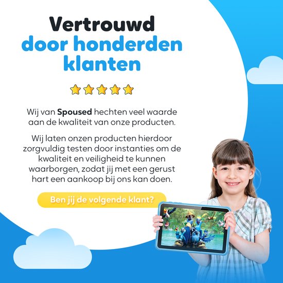 Spoused Kinder-Tablet - 10,1 Zoll - Kinder-Tablet ab 3 Jahren - 64GB - 4GB RAM- 6000 mAh Akku - Inkl. Schutzhülle & Parent Control App - Blau