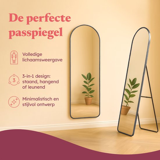 Fraay Pass Mirror 160x55cm - Stehend & hängend - Minimalistischer Wandspiegel - Stehspiegel - Schwarz Matt