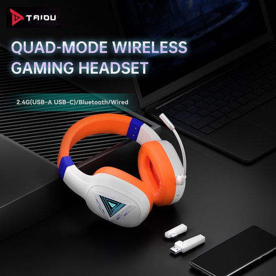 TAIDU THS320Pro Wireless Gaming Headset - 2.4GHz - Bluetooth 5.2 - Mikrofon - Multiplattform - Weiß Orange