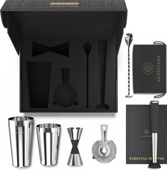 BarDeluxe® Cocktail Shaker Set - 5-tlg. Boston Shaker - Cocktail Set mit Stamper, Sieb, Barlöffel & Rezeptbuch - Inklusive luxuriöser Geschenkbox - Silber