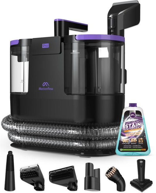 Motionflow Teppichreiniger PRO - Tiefenreinigung mit Dampffunktion bis 100°C - Kraftvoller 1700W Fleckenreiniger - Dampfreinigung für Boden, Sofa, Bad und Teppich - Dampfreiniger & Sitzreiniger - Inklusive Reinigungsmittel