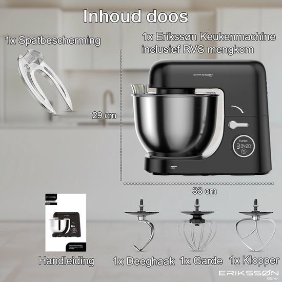 Erikssøn Küchenmaschine - 8 Geschwindigkeitsstufen mit Timer - 5L Mixer mit Rührschüssel - 1400W - Küchenroboter - Küchenmixer - Küchenmaschine - Schwarz