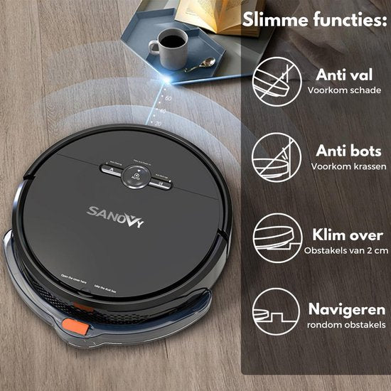Sanovy 3 in 1 Staubsaugerroboter mit Wischfunktion - 1800 PA- Automatische Ladestation - Wischroboter - App