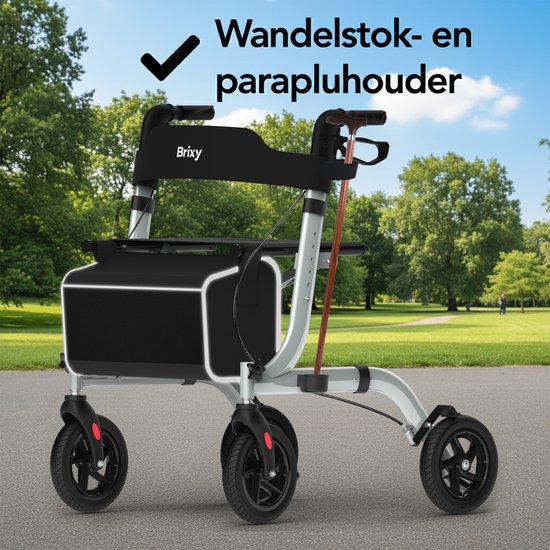 Brixy Rollator - leicht und faltbar - Sitzfunktion - Rückenlehne, Tasche und Gehstockhalterung - Grau