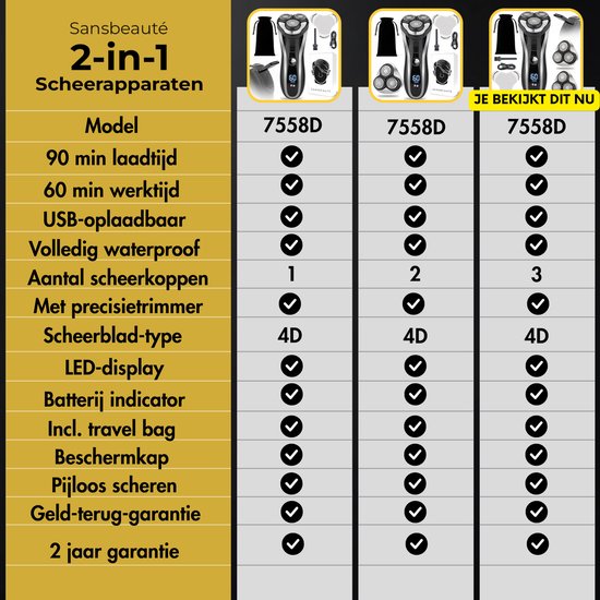 2-in-1-Rasierer für Männer mit Trimmer S1111 + 2 Extra-Scherköpfe - Sansbeauté® - Nass & Trocken - Präzisionstrimmer - Elektrisch - Elektrorasierer - Wasserdicht