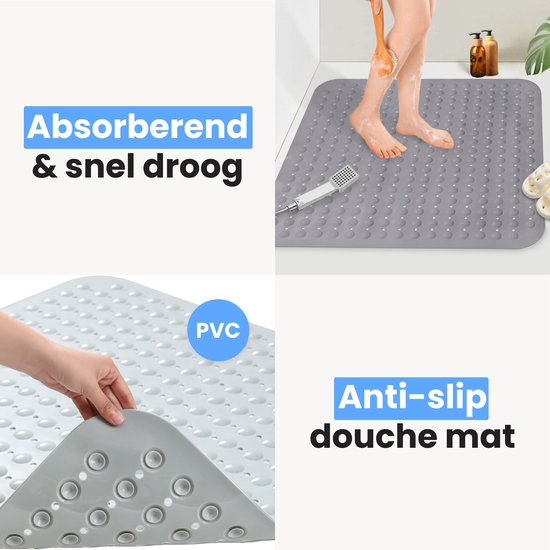 Luft Dusch- und Badematte - 48 x 48 cm - Rutschfest - Grau - Mit Saugnäpfen - Geeignet für Bad und Dusche - Sicher und robust