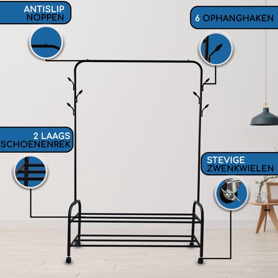Vonia Kleiderständer 157 x 34 x 105 cm - Kleiderständer auf Rädern - Kleiderständer mit Schuhregal - Kleiderständer Metall - Garderobenständer - Schwarz