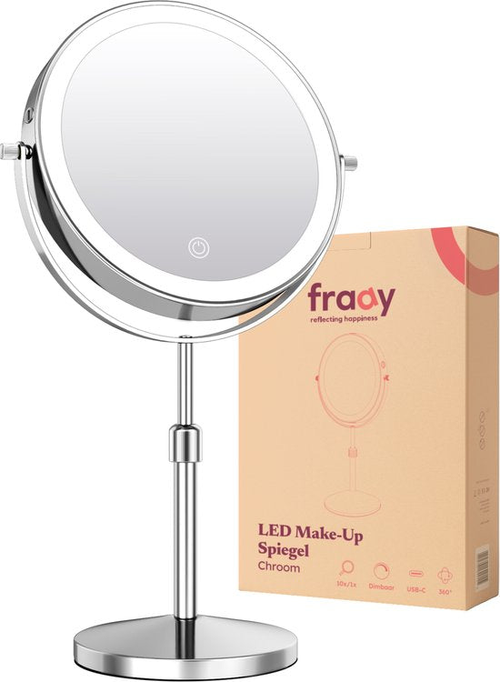 Fraay - Make-up-Spiegel - Mit LED-Beleuchtung - Ø20 cm - 10-fache Vergrößerung - Wiederaufladbar - Doppelseitig - Dimmbar - 3 Lichtmodi - Chrom