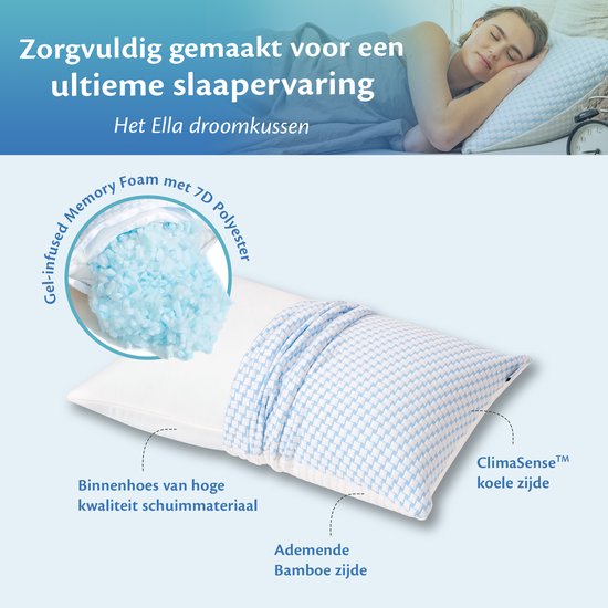 Ella® Kopfkissen Nackenschmerzen 40 x 80 cm - Bambuskissen - Memory Foam / Memory Foam Füllung - Ergonomisch und orthopädisch - Inklusive Kopfkissenbezug