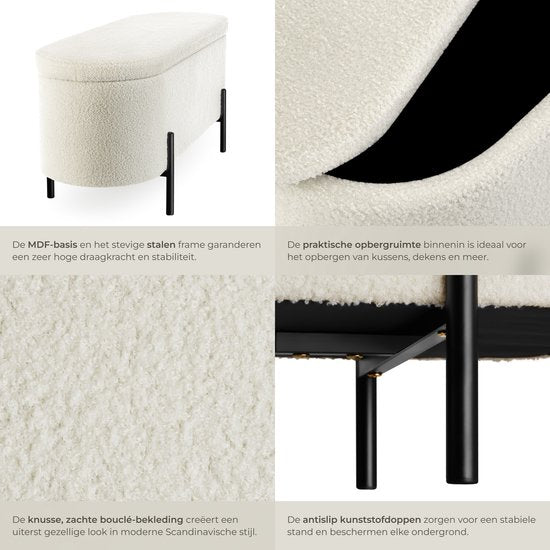 tectake Bank mit Stauraum - Sitzkasten mit Stauraum gepolstert - Sitzkasten mit Stauraum, gepolstert - Bouclé-Stoff im Scandi-Stil - 97x36x42cm - cremeweiß